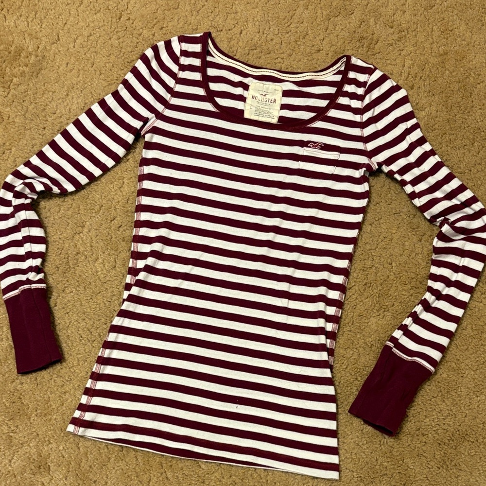 Hollister Maroon and White Striped Long Sleeve Top